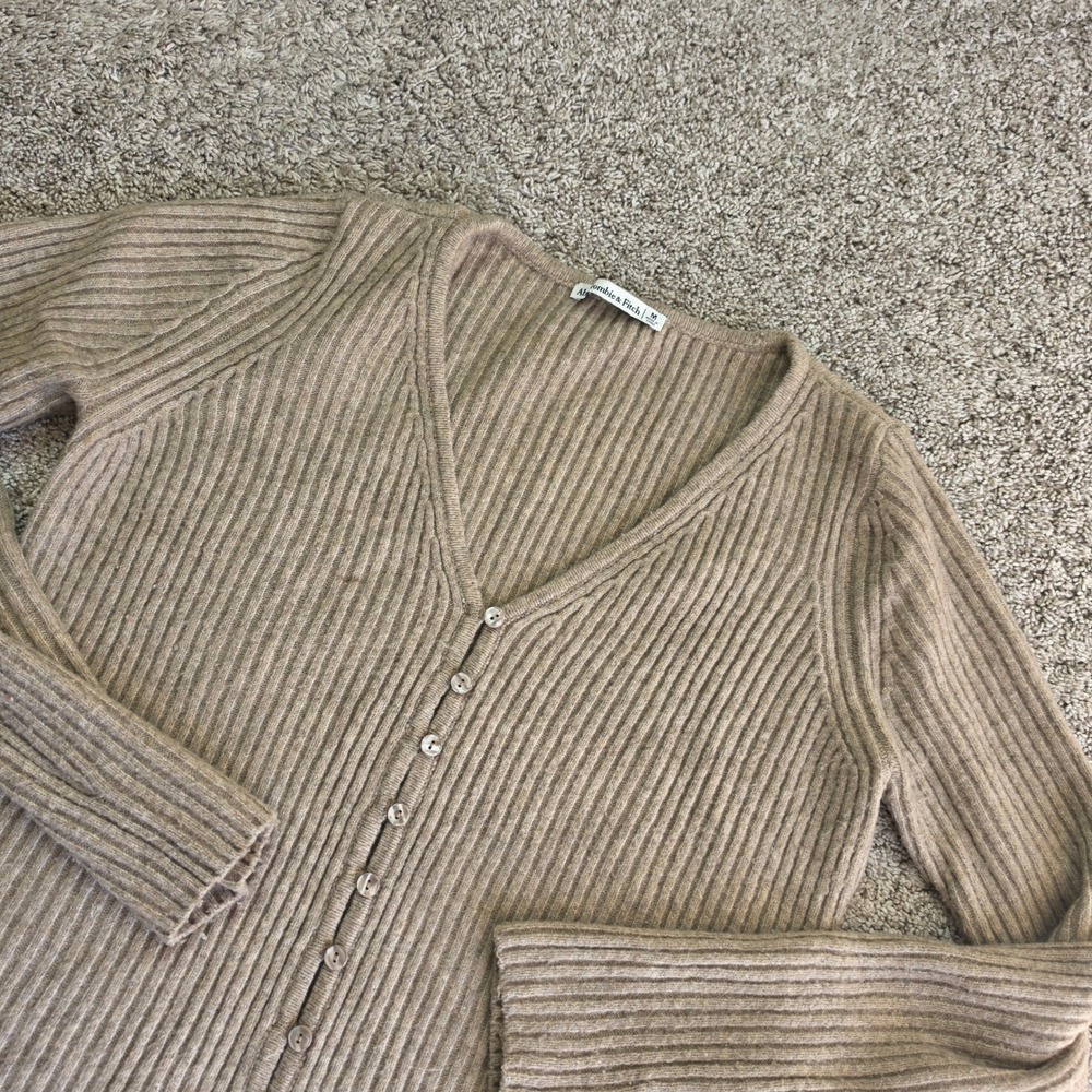 Abercrombie & Fitch Cardigan Womens Medium Tan Ribbed V-Neck Knit Button Up Top